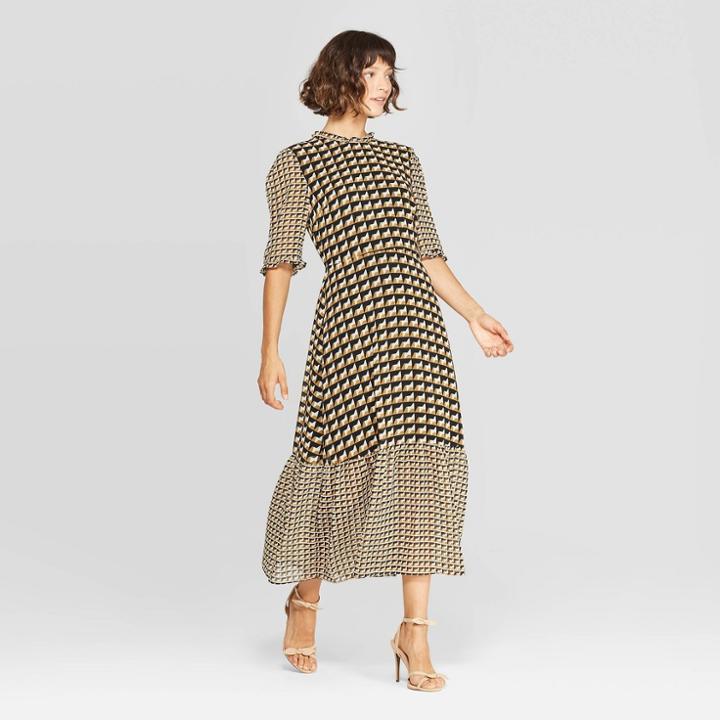 Women's Elbow Sleeve Boat Neck A Line Midi Dress - Who What Wear Black/white