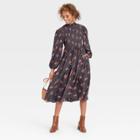 Women's Long Sleeve Smocked Bodice Dress - A New Day Navy Floral Print Xl, Blue Floral Print