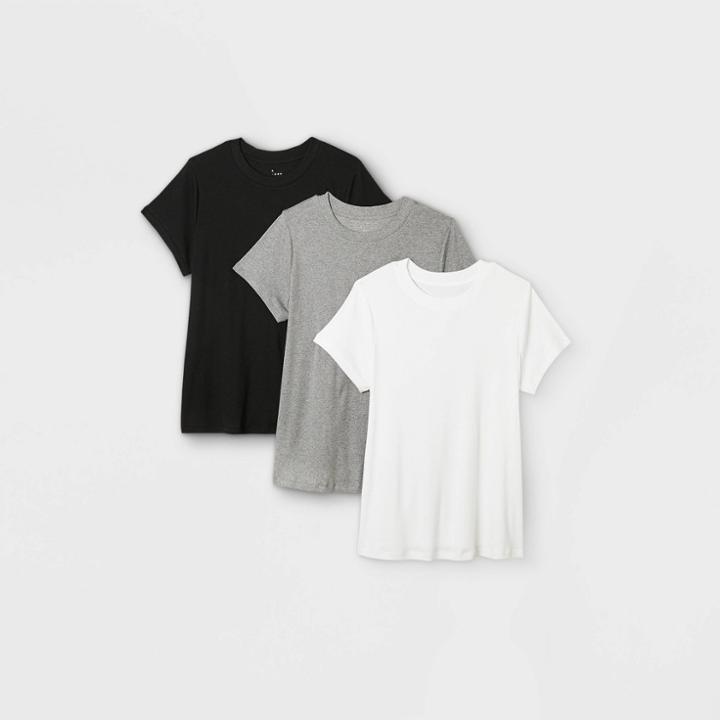 Women's Plus Size Short Sleeve Ribbed 3pk Bundle T-shirt - A New Day Black/white/gray