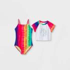 Girls' Silver Foil Unicorn Vertical Striped Short Sleeve One Piece Swimsuit Set - Cat & Jack