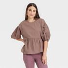 Women's Puff 3/4 Sleeve Top - A New Day Brown