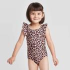 Toddler Girls' Leopard Print Flutter Sleeve One Piece Swimsuit Set - Cat & Jack Brown 12m, Toddler Girl's
