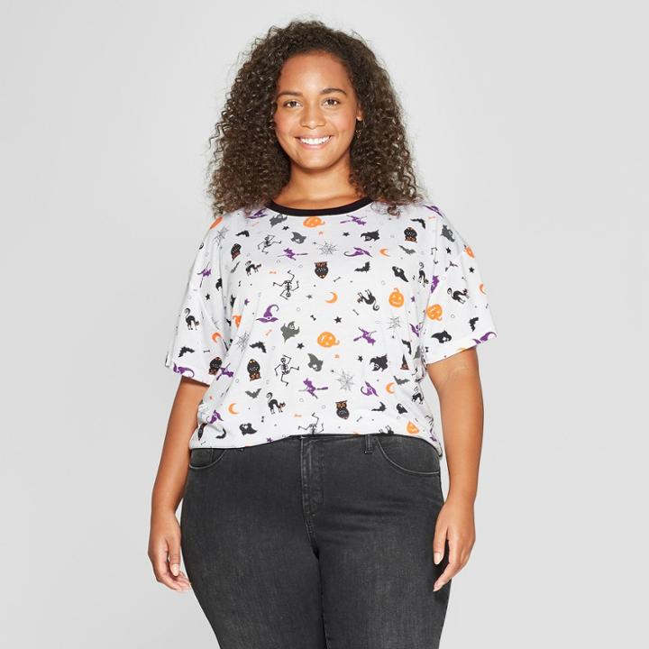 Women's Plus Size Short Sleeve Halloween Print T-shirt - Modern Lux (juniors') White