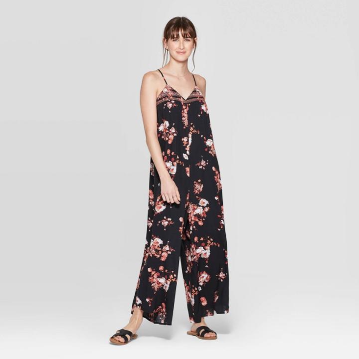 Women's Floral Print Sleeveless V-neck Smocked Trim Waistless Jumpsuit - Xhilaration Black