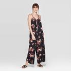 Women's Floral Print Sleeveless V-neck Smocked Trim Waistless Jumpsuit - Xhilaration Black