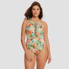 Women's Slimming Control High Neck One Piece Swimsuit - Beach Betty By Miracle Brands Blue Floral