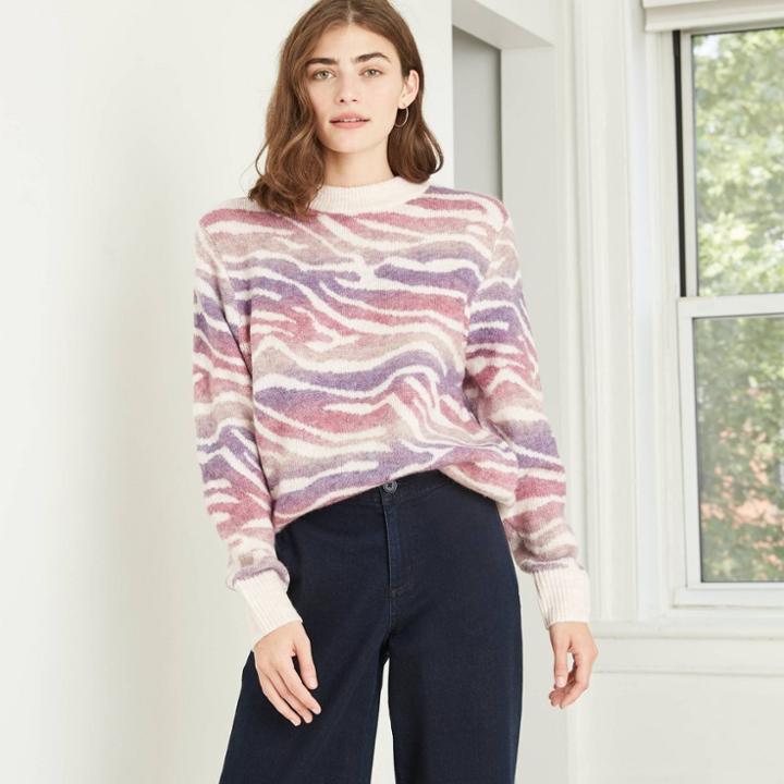 Women's Animal Print Crewneck Pullover Sweater - A New Day Pink