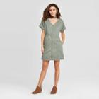 Women's Short Sleeve V-neck Zip-up Elastic Waist Dress - Universal Thread Green Xs, Women's,