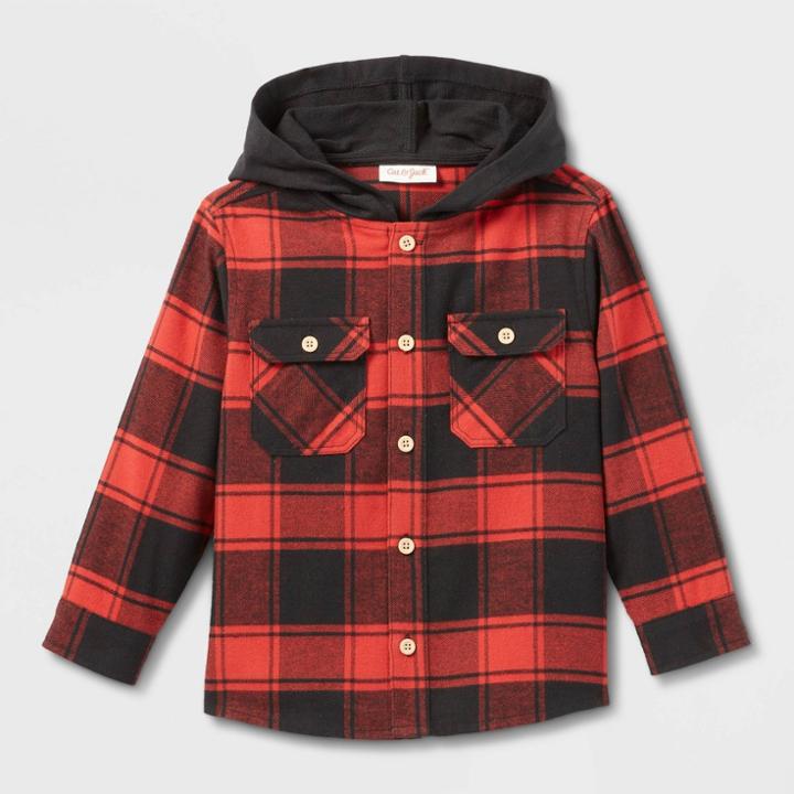 Toddler Boys' Hooded Flannel Long Sleeve Button-down Shirt - Cat & Jack Black/red