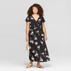 Women's Plus Size Floral Print Short Sleeve V-neck Maxi Wrap Dress - Ava & Viv Black