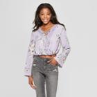 Women's Floral Print Long Sleeve Lace-up Trim Top - Xhilaration Lilac (purple)