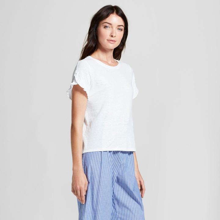 Women's Short Sleeve Ruffle T-shirt - A New Day White