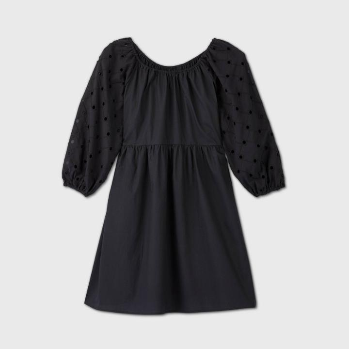 Women's 3/4 Sleeve Eyelet Babydoll Dress - A New Day Black