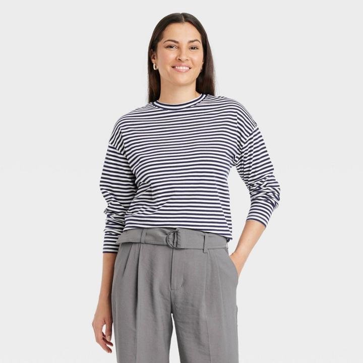 Women's Long Sleeve T-shirt - A New Day Navy Striped Xs, Blue
