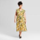Women's Plus Size Floral Print Ruffle Sleeve Midi Dress - Who What Wear Yellow X, Yellow Floral