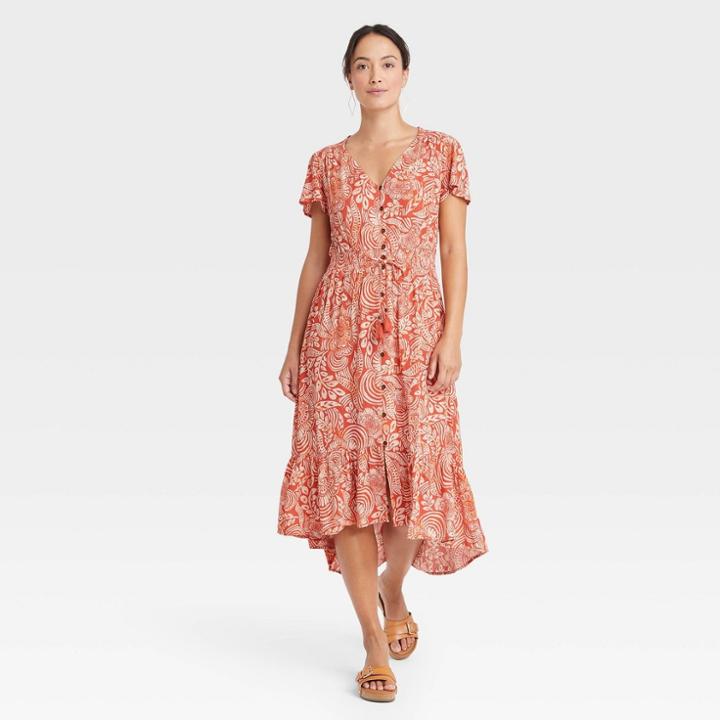 Women's Flutter Short Sleeve Smocked Detail Dress - Knox Rose Copper Floral Xs, Brown Floral