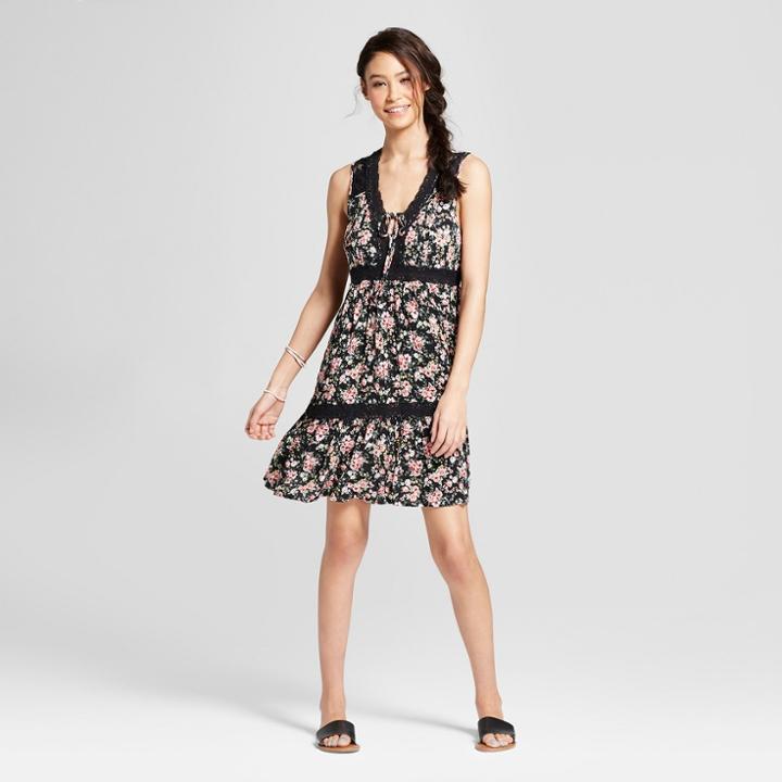 Women's Floral Print Sleeveless V - Neck Babydoll Dress - Xhilaration Black,