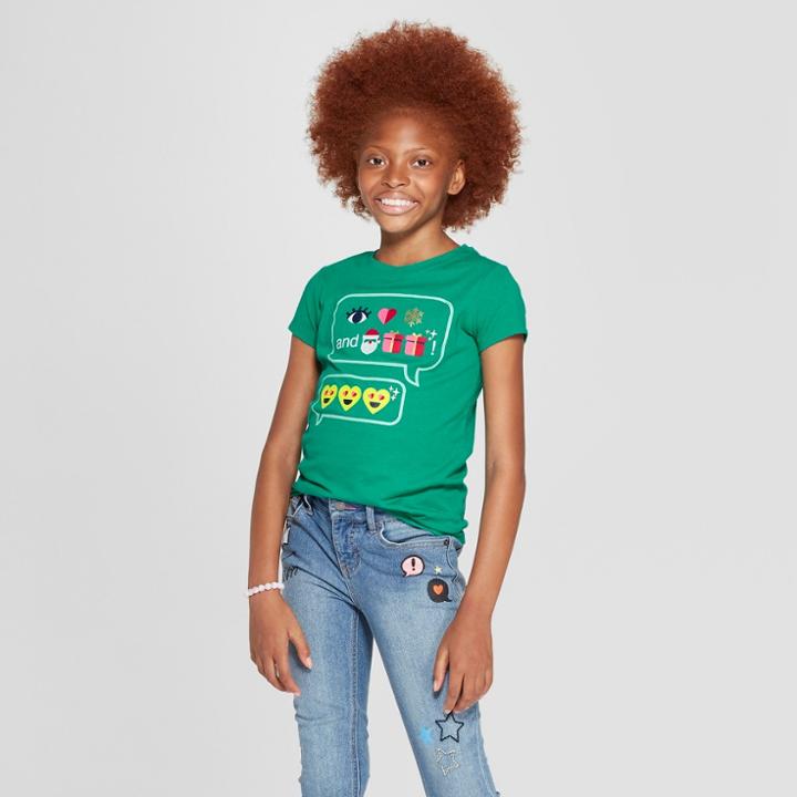 Girls' Short Sleeve Christmas Emojis Graphic T-shirt - Cat & Jack Green