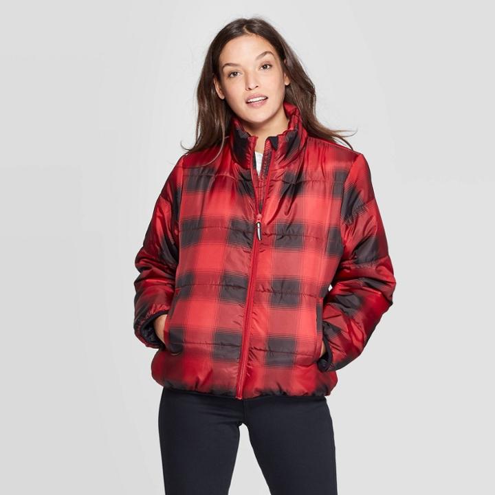 Women's Plaid Puffer Jacket - Universal Thread Red L, Women's,