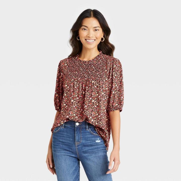 Women's Bishop 3/4 Sleeve Smocked Top - Knox Rose Black Floral