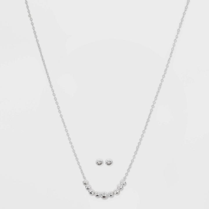Silver Plated Cubic Zirconia Bezel Station Necklace And Earring Set - A New Day