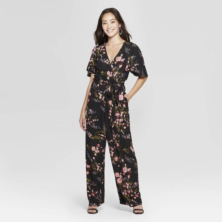 Women's Floral Print Short Sleeve Wrap Jumpsuit - Xhilaration Black M, Black Floral