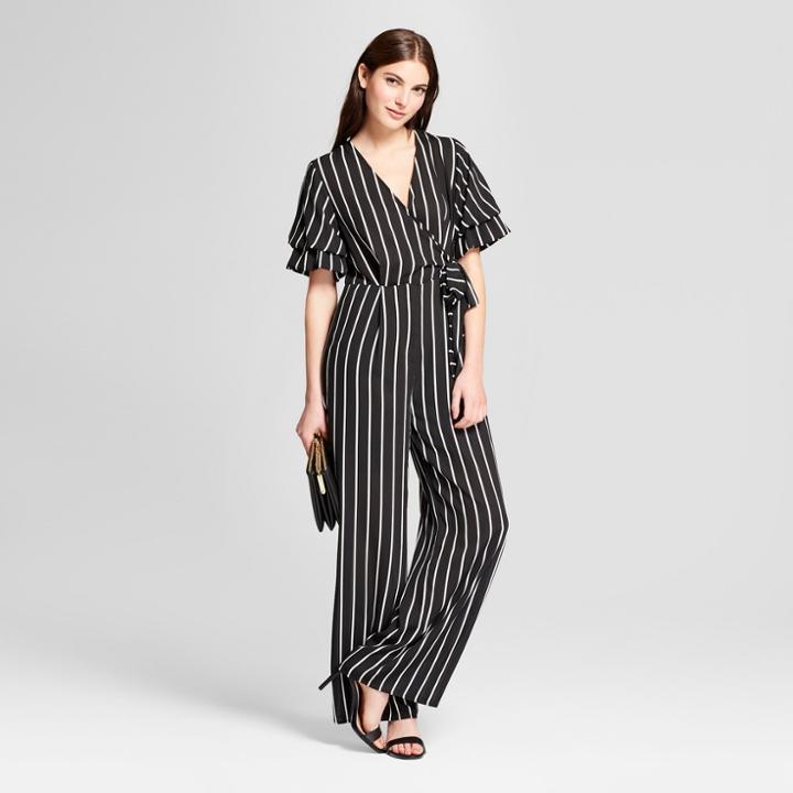 Eclair Women's Striped Ruffle Sleeve Wrap Tie Jumpsuit - Clair Black/white