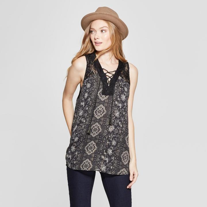Women's Ikat Lace-up Neck Tank Top - Knox Rose Black