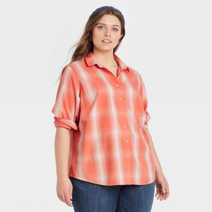 Women's Plus Size Plaid Long Sleeve Button-down Shirt - Universal Thread Coral