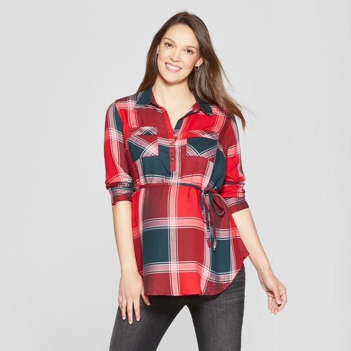 Maternity Plaid Popover Tunic - Isabel Maternity By Ingrid & Isabel Red
