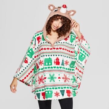 Women's Rudolph The Red-nosed Reindeer Holiday Fleece Poncho - Cream (ivory)
