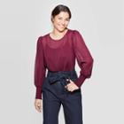 Women's Striped Long Sleeve Crewneck Smocked Blouse - A New Day Burgundy