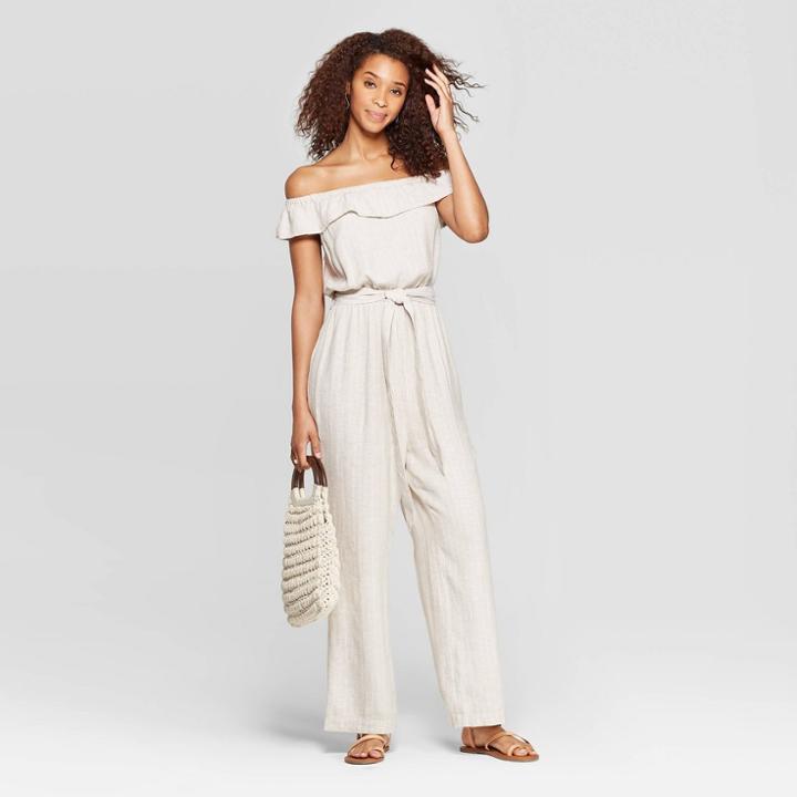 Women's Off The Shoulder Mini Cap Sleeve Wide Leg Jumpsuit - Universal Thread White