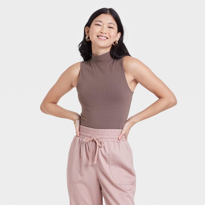 Women's Ribbed Mock Turtleneck Tank Bodysuit - A New Day Brown