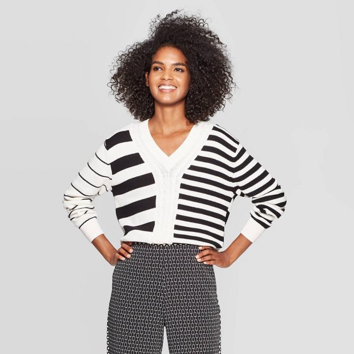 Women's Striped V-neck Pullover Sweater - Who What Wear White