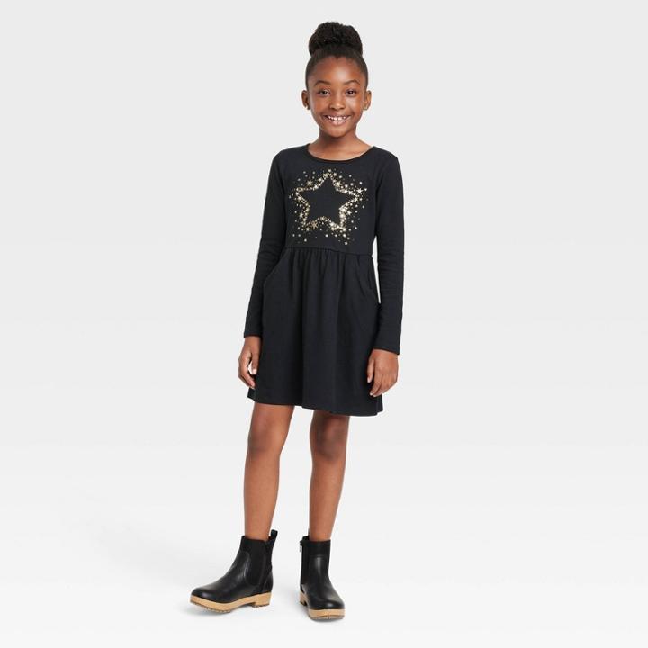Girls' Printed Long Sleeve Dress - Cat & Jack Black