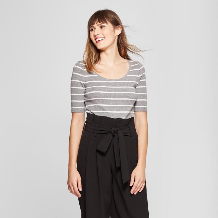 Women's Striped Elbow Length Fitted T-shirt - A New Day Heather Gray/white