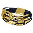 Zirconite Multi-strand Genuine Leather Cuff Bracelet With Textured Bar Inserts - Black
