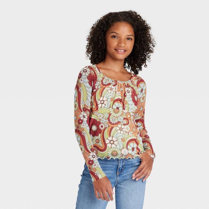 Girls' Floral Mesh Long Sleeve Top - Art Class Brown/green