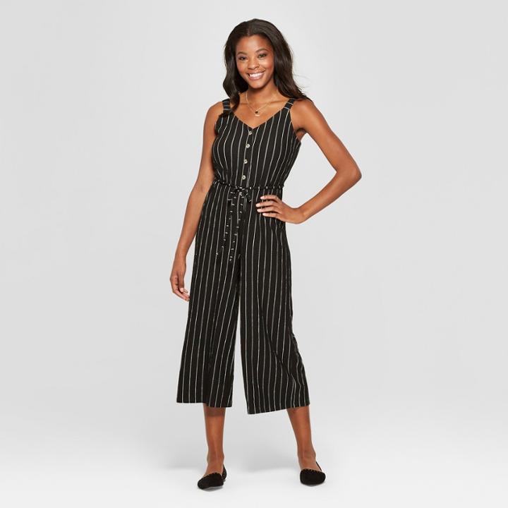 Women's Striped Strappy Button Front Knit Cropped Jumpsuit - Xhilaration Black/white