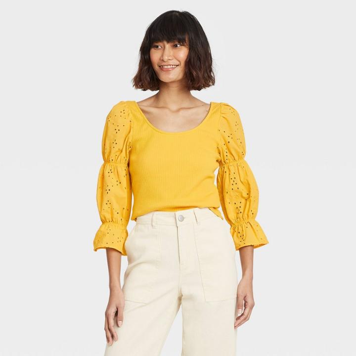 Women's Scoop Neck Puff 3/4 Sleeve T-shirt - Who What Wear Yellow