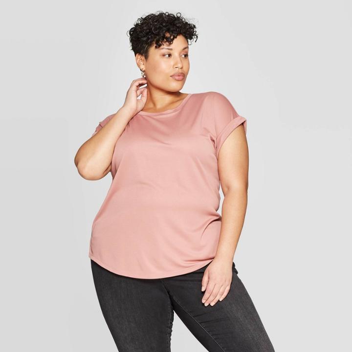 Women's Plus Size Cuffed Short Sleeve Crewneck T-shirt - Ava & Viv Mauve (pink)