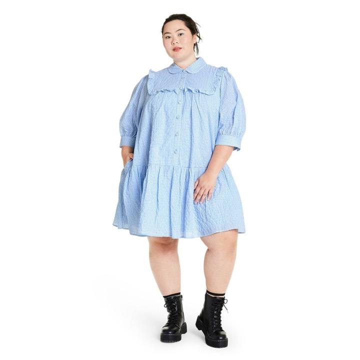 Women's Plus Size Gingham 3/4 Sleeve Shirtdress - Sandy Liang X Target Blue