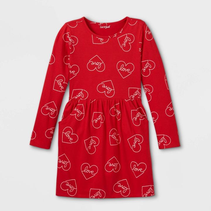 Girls' 'valentine's Day Love Heart' Printed Long Sleeve Knit Dress - Cat & Jack Red