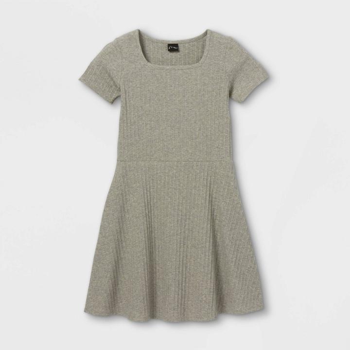 Girls' Square Neck Short Sleeve Ribbed Dress - Art Class Gray