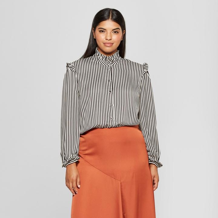 Women's Plus Size Striped Long Sleeve Silky Ruffle Blouse - Who What Wear Black/cream 4x, Black/cream