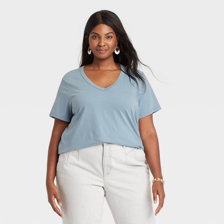 Women's Plus Size Short Sleeve V-neck T-shirt - Universal Thread Turquoise Blue