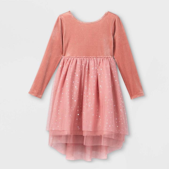 Girls' Adaptive Velour To Tulle Sparkle Long Sleeve Dress - Cat & Jack Blush