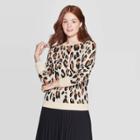 Women's Leopard Print Long Sleeve Ribbed Cuff Crewneck Pullover Sweater - A New Day Cream