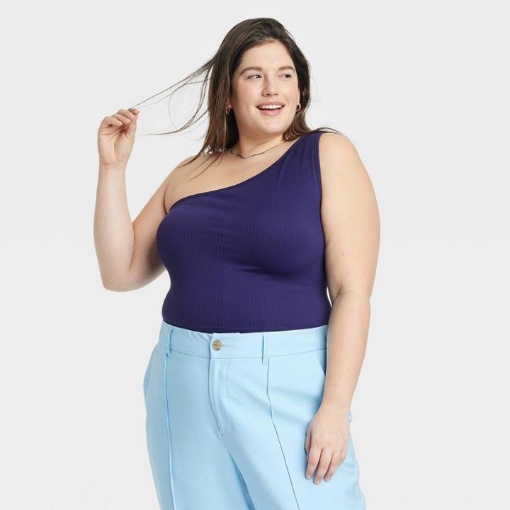 Women's One Shoulder Slim Fit Seamless Ribbed Tank Top - A New Day Navy